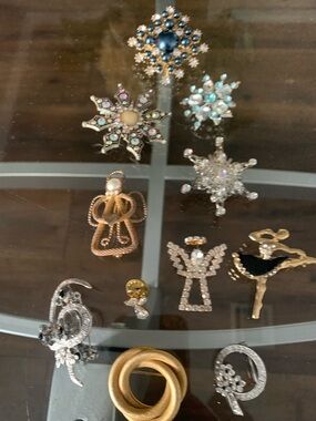 Mixed Brooch and Pin Lot #6- Gold, Silver, Blue, Pearl Accents